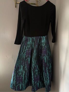 Theia Black Bodice with Teal and Purple Jacquard A-Line Dress